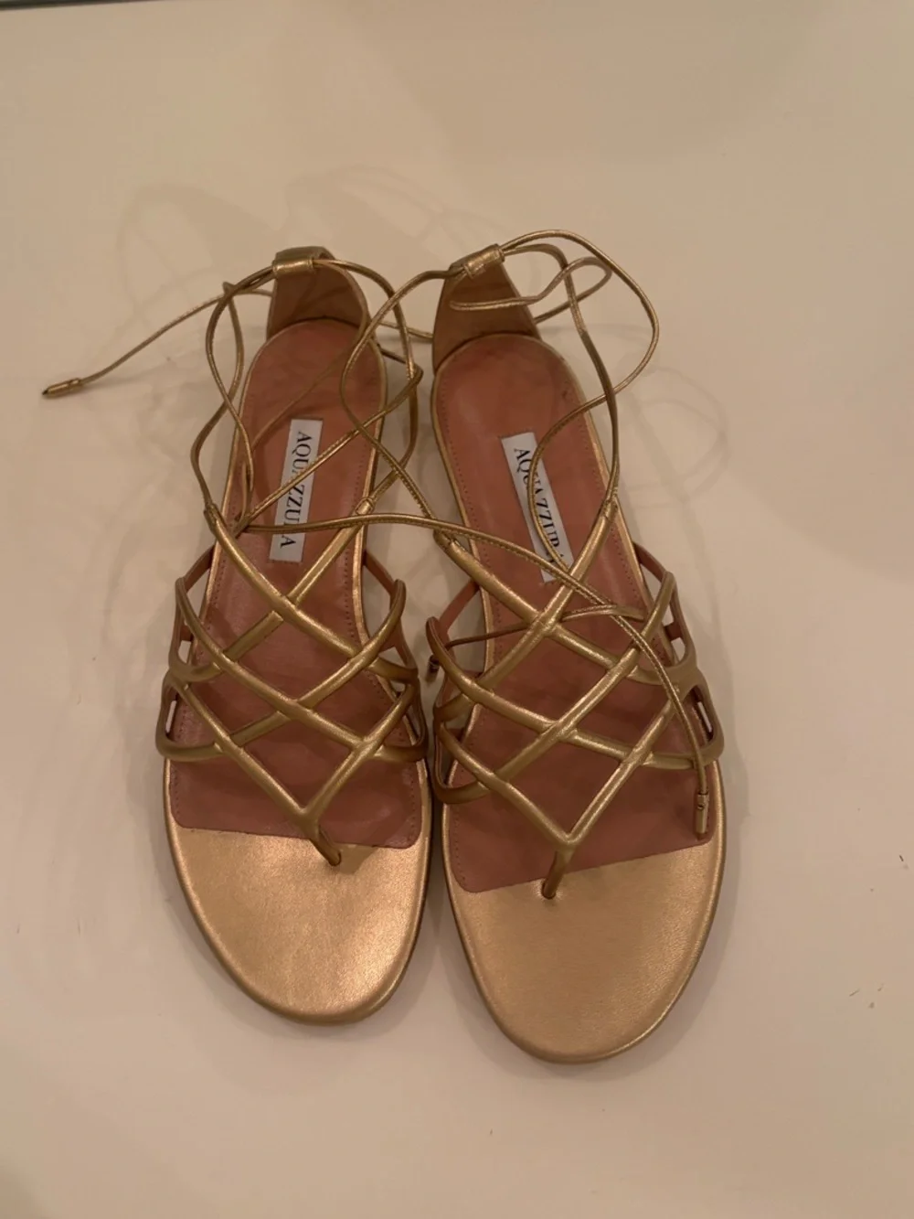 Aquazzura Infinito Metallic Gold Strappy Lace-Up Sandals size 38.5